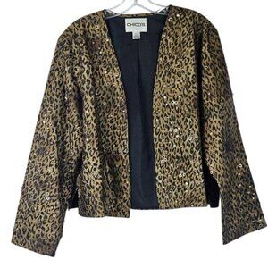 Chicos Silk Animal Print Jacket L Brown Sequins Office Party Mob Wife Maximalism